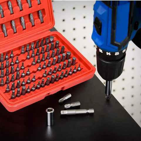 Super Cool 100 Piece Screwdriver Bit Kit With Cr-V Steel, Phillips Slotted Hex Torx Star Tamperproof And More For Drills And Impact Drivers To Crush Any Home Project Or Repair Job Out There Today. 100-piece Cr-V bit set in red case used with a drill