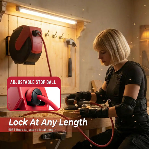 Hella Tough Retractable Air Hose Reel For Garage And Workshop 50 Foot Auto Rewind, adjustable stop ball for hose length control.