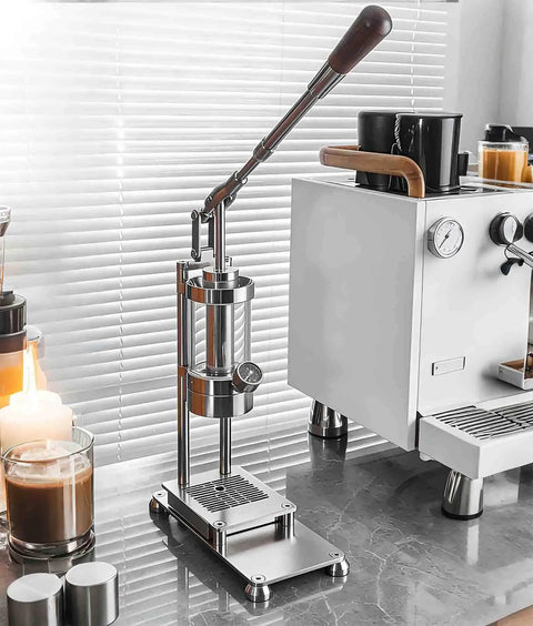 Straight Up Manual Espresso Machine With 16 Bar Pressure lever, stainless steel, compact design on kitchen counter