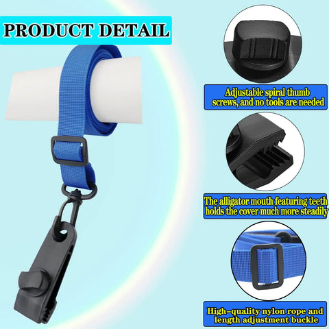 Heavy Duty Pool Solar Cover Noodle Keepers Kit For Inground Swimming Pools With Adjustable 65 Inch Straps showing blue nylon strap with clip.