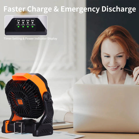 Powerful Battery Powered Camping Fan With 20000mAh Battery Rechargeable Outdoor Tent Fan With Light And Hook on desk