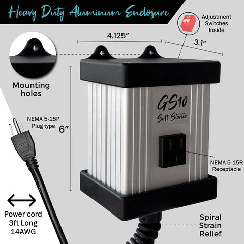 GS10 Soft Starter For Power Tools Universal Inrush Guard with plug and switch features, aluminum enclosure, and power cord