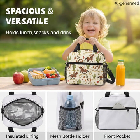 Child holding Desert Horse Insulated Kids Lunch Box with desert imagery and adjustable strap, fits bento box and water bottle