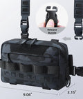 Water Resistant Outdoor Chest Bag For Men With Lightweight Tactical Design For Running Cycling Hiking and Workouts EDC Ready Chest Pack With Durable 600D Oxford Fabric Quick Access Pockets Black Camo, dimensions 9.06 x 5.91 x 3.15 inches with release buckle detail.