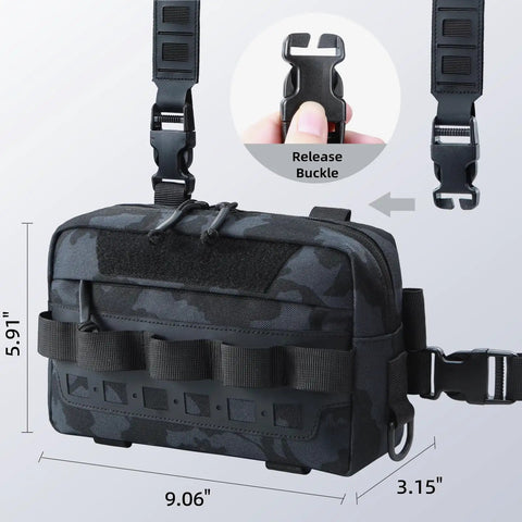 Water Resistant Outdoor Chest Bag For Men With Lightweight Tactical Design For Running Cycling Hiking and Workouts EDC Ready Chest Pack With Durable 600D Oxford Fabric Quick Access Pockets Black Camo, dimensions 9.06 x 5.91 x 3.15 inches with release buckle detail.