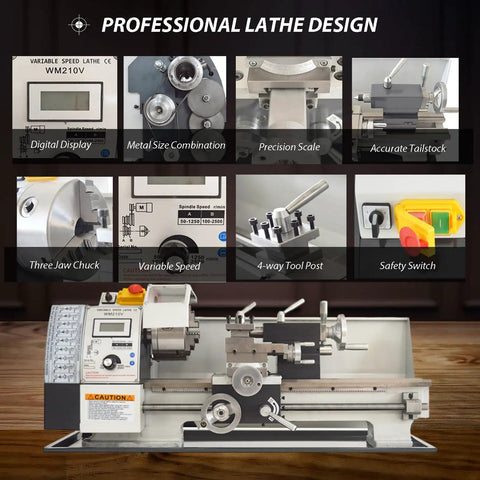 Badass Mini Metal Lathe Benchtop Table Tool 8X16 Inch Capacity 900W Brushless Motor, featuring variable speed and digital display.