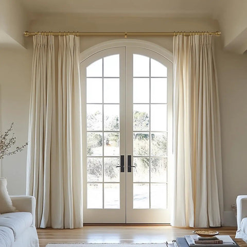 Living room with Brass Finish Curtain Rod Set In Warm Gold Tone, Heavy Duty Adjustable 72 to 144 Inch, 1 Inch Diameter, Vintage Brushed Bronze Finials