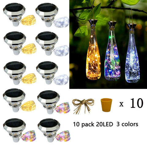 Solar Diamond Wine Bottle Lights 10 Pack with 20 LEDs Outdoor Waterproof Multicolor Fairy String Lights 3 Color Modes