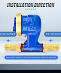 Vertical Water Meter With Three Quarters Inch NPT Couplings For Garden Or Home Use, blue 20mm scale, brass fittings, installation direction