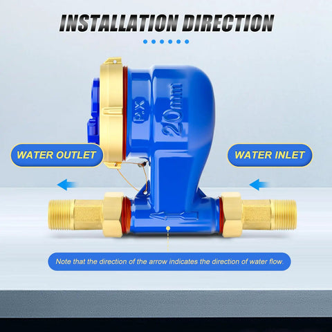 Vertical Water Meter With Three Quarters Inch NPT Couplings For Garden Or Home Use, blue 20mm scale, brass fittings, installation direction