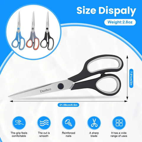 8.5 Inch Multipurpose Scissors Set Of 3 Heavy Duty Stainless Steel Blades For Office School Craft And Sewing Projects Go-To Workhorse For Everyday Classroom And DIY Cutting Tasks, size display