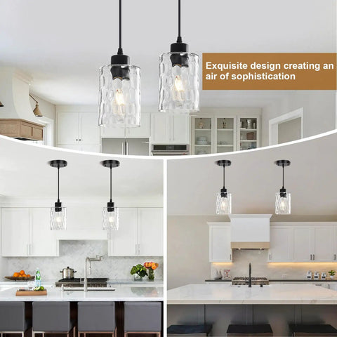 Two Pack Black Hammered Glass Pendant Lights With Adjustable Cords For Kitchen Island over a modern kitchen island.
