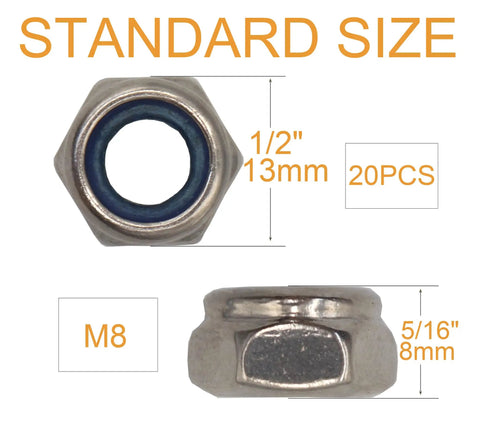 20 Pack M8 x 1.25 Nylon Inserted Stainless Steel Lock Nuts Self Locking 304 Grade 8mm Hex diagram with measurements