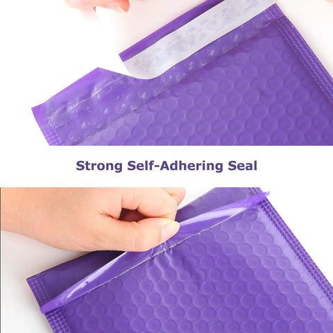 Close-up of purple 10x13 inch bubble mailers showcasing strong self-adhering seal for shipping padded envelopes.
