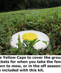 Yellow ground socket cap in grass, part of Heavy Duty Batting Cage For Backyard Baseball And Softball kit.