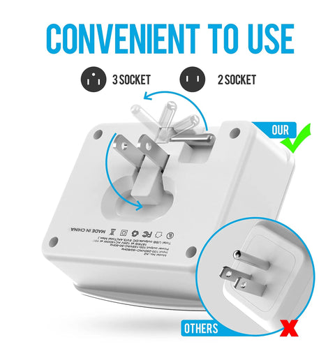 Foldable Cruise Power Strip With USB C Outlets Non Surge Protector 3.4A Total Travel Must Have For Cruise Ships And Home Use 2 Prong To 3 Prong Outlet Adapter And Japan Plug Adapter showing foldable plug design and socket comparison