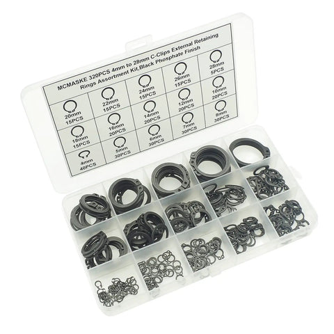 External Retaining Ring Kit With 320 Pieces In 15 Metric Sizes From 4mm To 28mm C Clips Assortment For Shafts Carbon Spring Steel