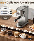 Top Tier 20 Bar Espresso Machine With Built In Milk Frother And Sleek Stainless Steel Build brewing multiple coffee types on a wood counter.
