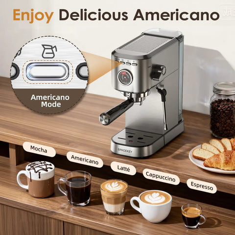 Top Tier 20 Bar Espresso Machine With Built In Milk Frother And Sleek Stainless Steel Build brewing multiple coffee types on a wood counter.
