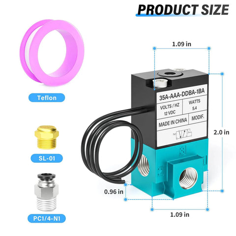 Two Way Three Port Pneumatic Valve With Beefed-Up High Frequency Operation, 1/8 Inch NPT, DC 12V, 5.4W, Aluminum Body, 0-120 PSI