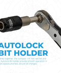 33 Piece Ratcheting Screwdriver Kit With Quick Swap Autolock Holder And Heavy Duty S2 Steel Bits, showing the autolock bit holder and ratchet.