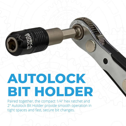 33 Piece Ratcheting Screwdriver Kit With Quick Swap Autolock Holder And Heavy Duty S2 Steel Bits, showing the autolock bit holder and ratchet.