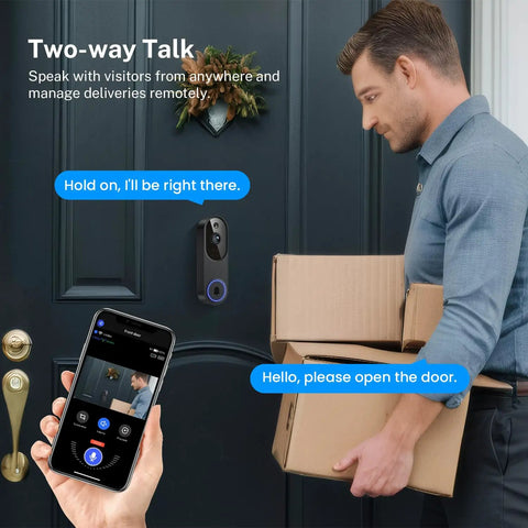 1080P Wireless Video Doorbell With Two Way Audio, Night Vision, AI Motion Alerts in use showing two-way talk on smartphone.