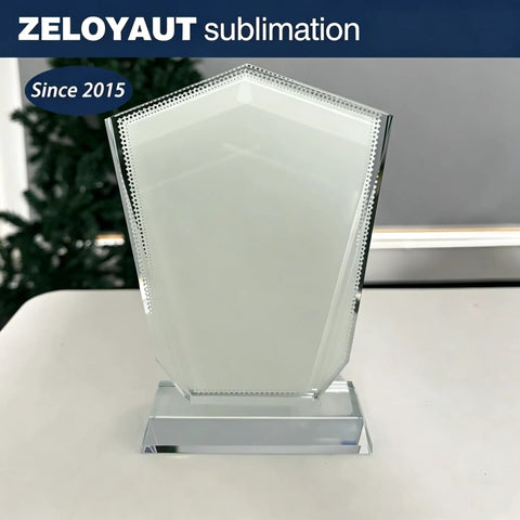 Crystal Glass Trophy and Frame for Sublimation Prints, Heat Press Ready, Flat Surface Award Plaque on table.