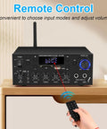 Powerhouse 2 Channel 500W Bluetooth 5.0 Home Audio Amplifier with remote control on wooden shelf