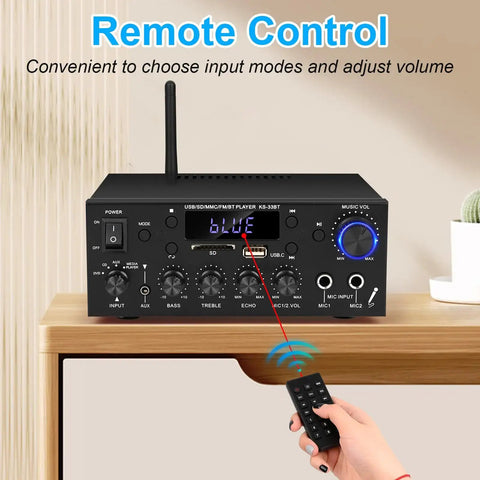 Powerhouse 2 Channel 500W Bluetooth 5.0 Home Audio Amplifier with remote control on wooden shelf