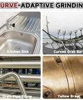 Image showing various metal surfaces including a kitchen sink, curved grab bar, drain pipe elbow, and yellow brass for curve-adaptive grinding.