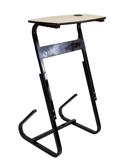At Home Bike Trainer Desk With USB And AC Power Adjustable Height For Any Bike Easy Clean Laminated Birch Top Built In Cable