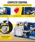 Built Tough 7 X 12 Inch Mini Metal Lathe Benchtop Machining Station features precision chuck, emergency stop, and four-way tool post.