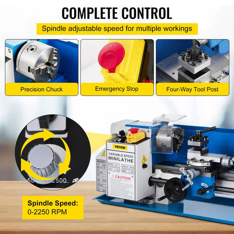 Built Tough 7 X 12 Inch Mini Metal Lathe Benchtop Machining Station features precision chuck, emergency stop, and four-way tool post.