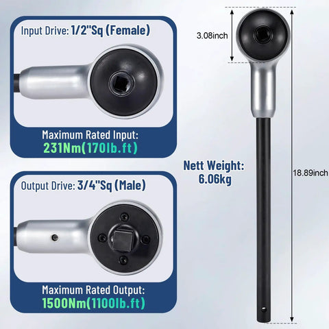 Image of Hardcore Heavy Duty Torque Multiplier Wrench Set Featuring A Solid 1:6:5 Gear Ratio with input/output details.