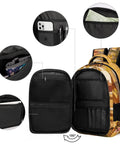 Interior view of Bees And Wildflower Printed Unisex Backpack With Large Capacity, multiple pockets, durable polyester, beehive theme.