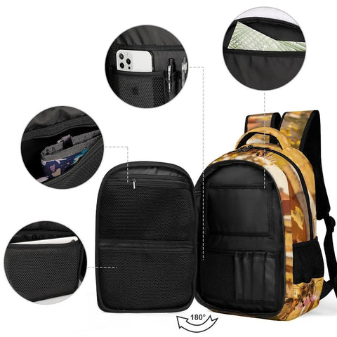 Interior view of Bees And Wildflower Printed Unisex Backpack With Large Capacity, multiple pockets, durable polyester, beehive theme.