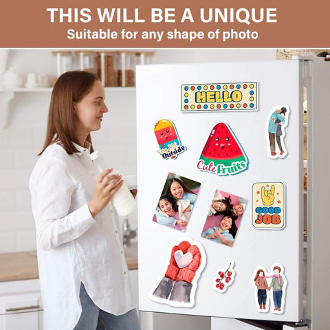 Woman using Flexible Magnetic Sheets With Self Adhesive Backing, Cuttable Magnet Paper For Fridges And Classrooms, Must Have Magnetic Sticker Sheets on a fridge.