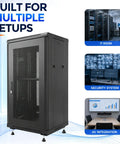 Badass Heavy Duty 18U Server Rack Cabinet With Smooth Rolling Locking Wheels And Adjustable Depth For 19 Inch Network Gear And Tight Cable Setup in an IT room.