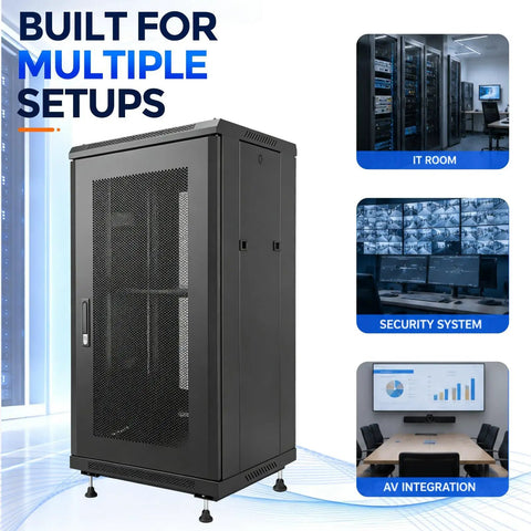Badass Heavy Duty 18U Server Rack Cabinet With Smooth Rolling Locking Wheels And Adjustable Depth For 19 Inch Network Gear And Tight Cable Setup in an IT room.
