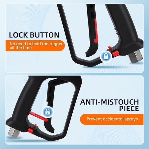 Heavy Duty Pressure Washer Short Gun With Swivel showing lock button and anti-mistouch feature with 5000 PSI rating.