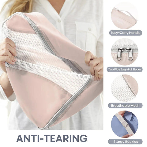 Person holding anti-tear mesh packing cube from 10 Piece Packing Cube Set For Travel With Anti Tear Luggage Organizer Includes Shoe Bag And Hanging Toiletry Bag Perfect Gift For Women Moms Cruise Vacation Essential Lightweight And Space Saving Travel Organizer Kit