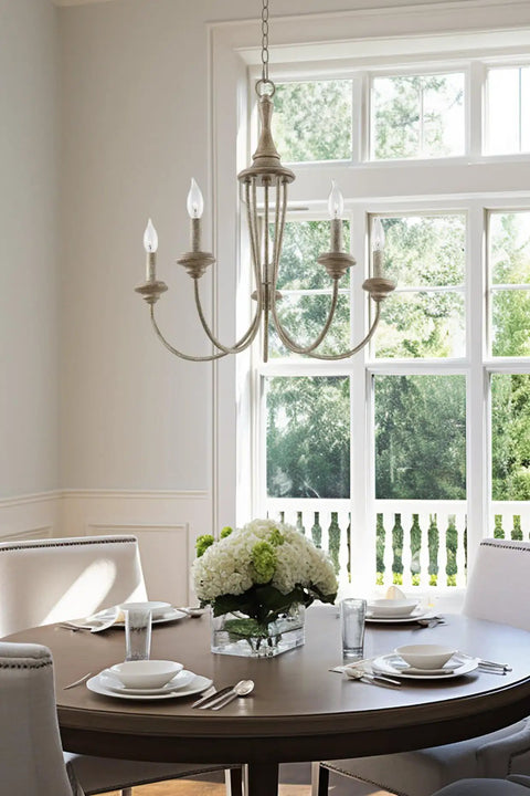 5-Light French Country Chandelier With Adjustable Height In Smoked Cedar And Rustic Metal Finish in dining room setting.