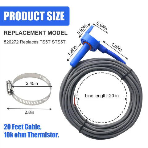 Two Pack 10K Ohm Pool Temperature Sensor Thermistor Replacement With 20 Foot Cable For Air Water Solar Use includes pipe clamp