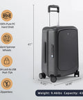 Hang Safe Carry On Luggage With USB Port And TSA Lock Lightweight Zipperless Hard Shell Spinner Rolling Suitcase 22 By 14 By 9 Inches Airline Approved Grey Front One Touch Quick Access Laptop Pocket Never Lose It Travel Gear with spinner wheels and measurements shown