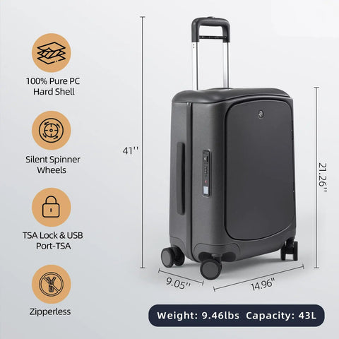 Hang Safe Carry On Luggage With USB Port And TSA Lock Lightweight Zipperless Hard Shell Spinner Rolling Suitcase 22 By 14 By 9 Inches Airline Approved Grey Front One Touch Quick Access Laptop Pocket Never Lose It Travel Gear with spinner wheels and measurements shown