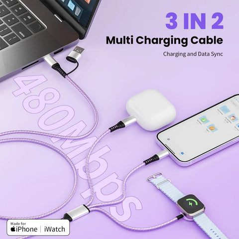 3 In 2 USB A To C Charging Cable For iPhone And iWatch, Braided 5 Ft Multi Charger Cord in use with devices
