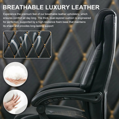 Side view of Big And Tall Leather Reclining Office Chair with breathable luxury leather design, black color.