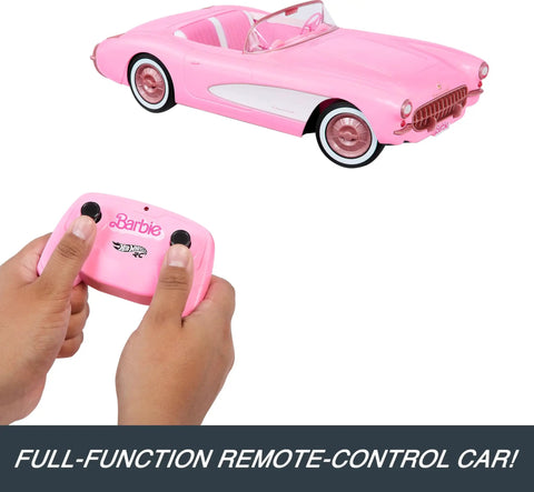Remote Control Corvette Toy Car From Barbie Movie with controller, pink design, and open front seats for two Barbie dolls.