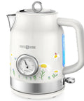 Side view of Retro Stainless Steel Electric Kettle Cordless One Point Seven Liter Capacity With Thermometer Dope Fast 1500W Heating LED Indicator Auto Shut Off And Boil Dry Protection